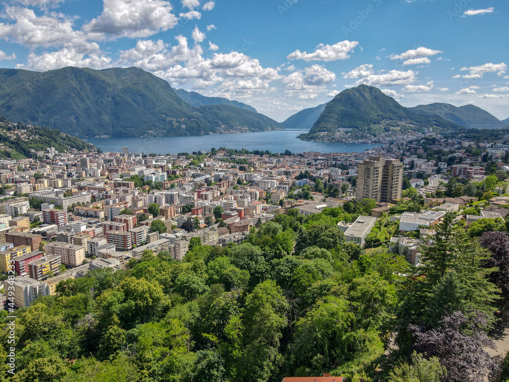 Drone view at Lugano and his lake on the italian part of Switzerland
