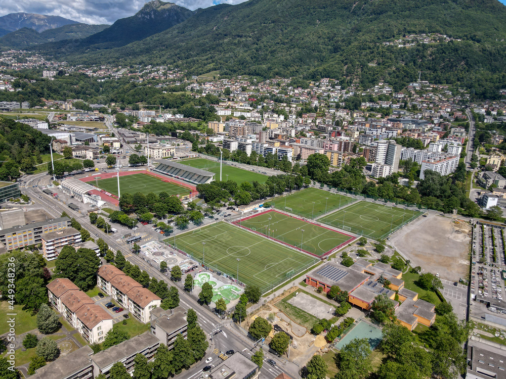 Drone view at the football fields of Lugano on the italian part of Switzerland