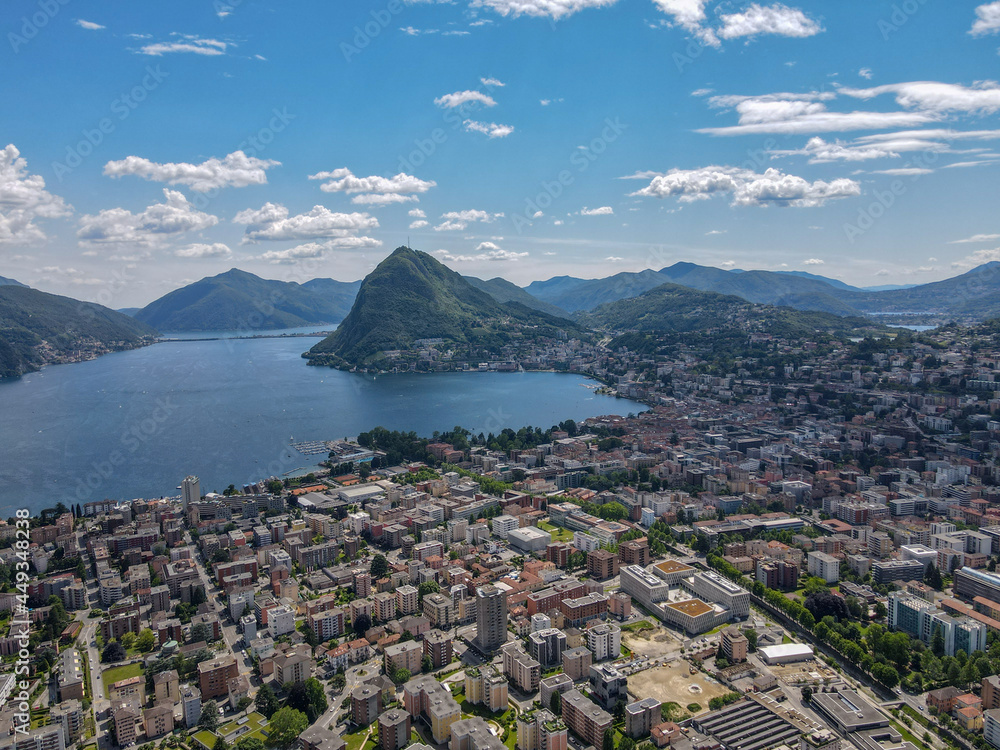 Drone view at Lugano and his lake on the italian part of Switzerland