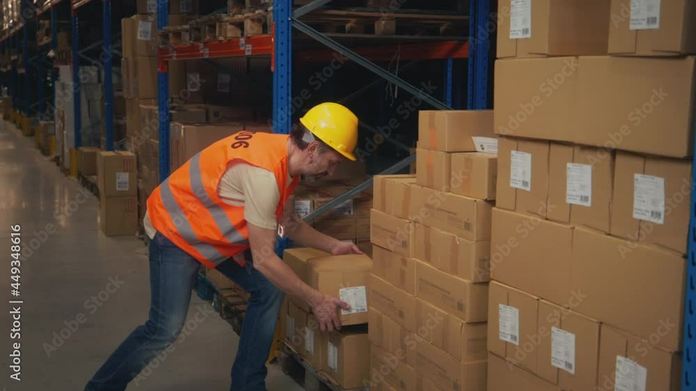 Senior worker sorting cardboard boxes Senior worker sorting cardboard boxes