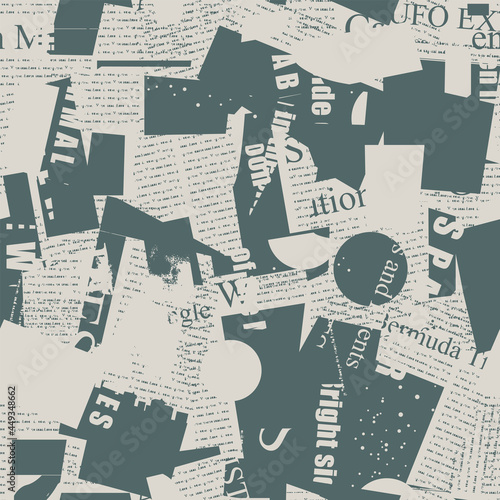 Monochrome seamless pattern with fragments of old newspaper and magazine pages. Abstract vector background with illegible text and headlines in retro style. Wallpaper, wrapping paper or fabric