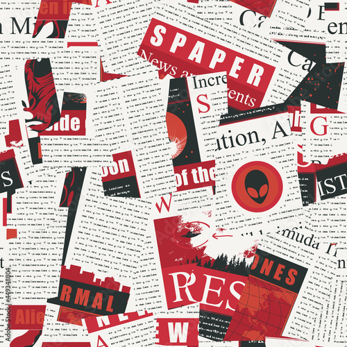 Seamless pattern with a collage of magazine and newspaper clippings on the theme of aliens. Abstract vector background with illegible text, titles and illustrations. Wallpaper, wrapping paper, fabric