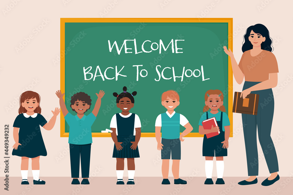 Teacher and schoolchildren in uniform at the blackboard. Inscription Back to School. Vector illustration in flat style Teacher and schoolchildren in uniform at the blackboard. Inscription Back to School. Vector illustration in flat style