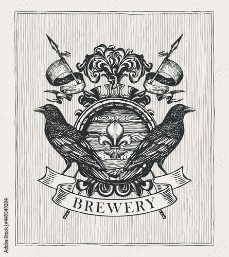 Old brewery coat of arms in vintage style. Hand-drawn illustration. Vector heraldic Coat of arms with ravens, crown, spears, ribbon and wooden barrel. Suitable for pubs, bars and breweries design