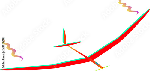 lightweight red and blue electric airplane model with propeller and swirls at the ends of the wings 