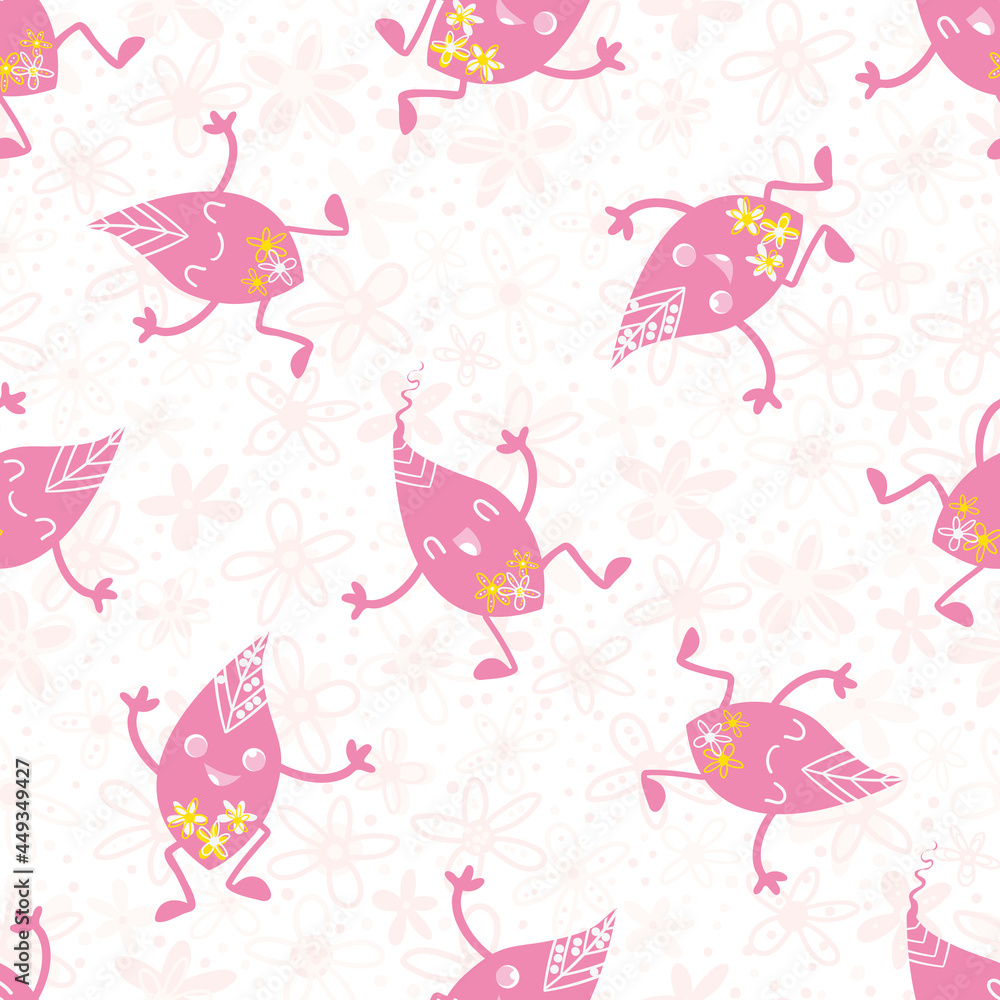 Obraz premium Cute kawaii leaf pink seamless vector pattern background. Happy pink laughing dancing cartoon leaves on floral textured white backdrop. Hand drawn motifs in scattered design. Repeat for baby