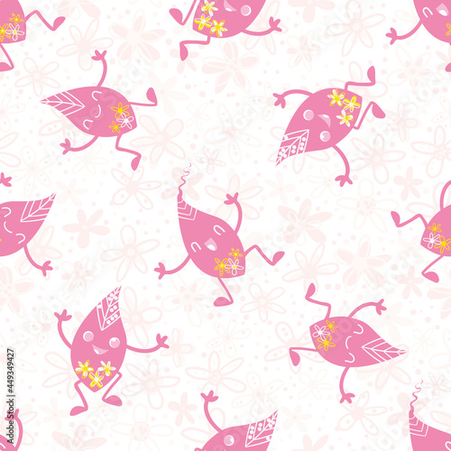 Cute kawaii leaf pink seamless vector pattern background. Happy pink laughing dancing cartoon leaves on floral textured white backdrop. Hand drawn motifs in scattered design. Repeat for baby
