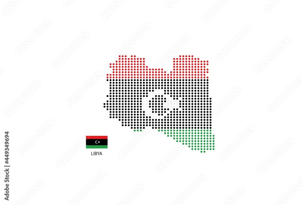 Libya map design by color of Libya flag in circle shape, White background with Libya flag.