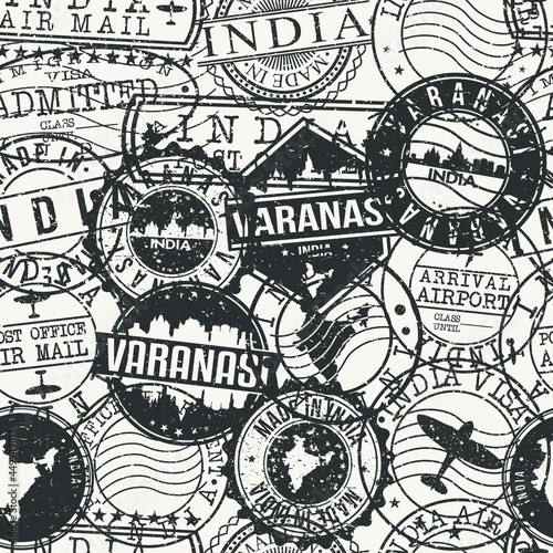 Varanasi, Uttar Pradesh, India Stamps Background. A City Stamp Vector Art. Set of Postal Passport Travel. Design Set Pattern.
