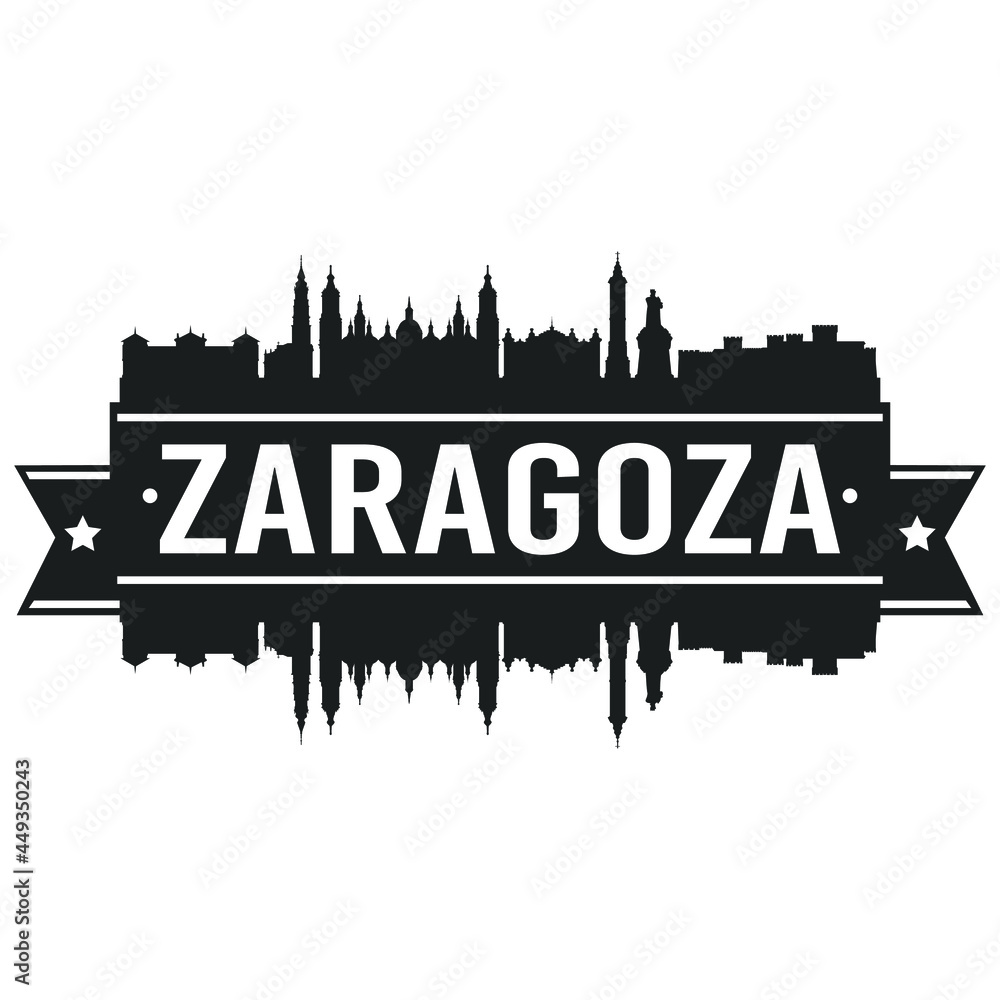 Zaragoza Spain Skyline. Banner Vector Design Silhouette Art. Cityscape Travel Monuments.
