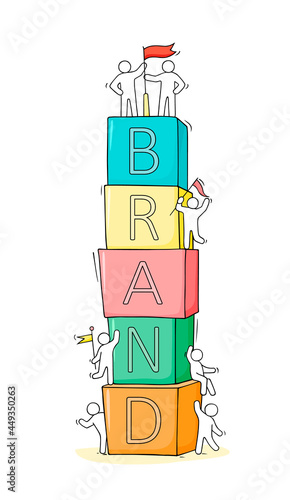 Cartoon people build word Brand from blocks