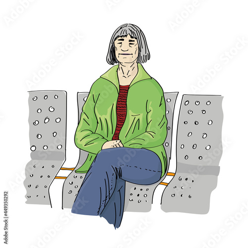 An old woman sitting on a bench. Colorful vector illustration.