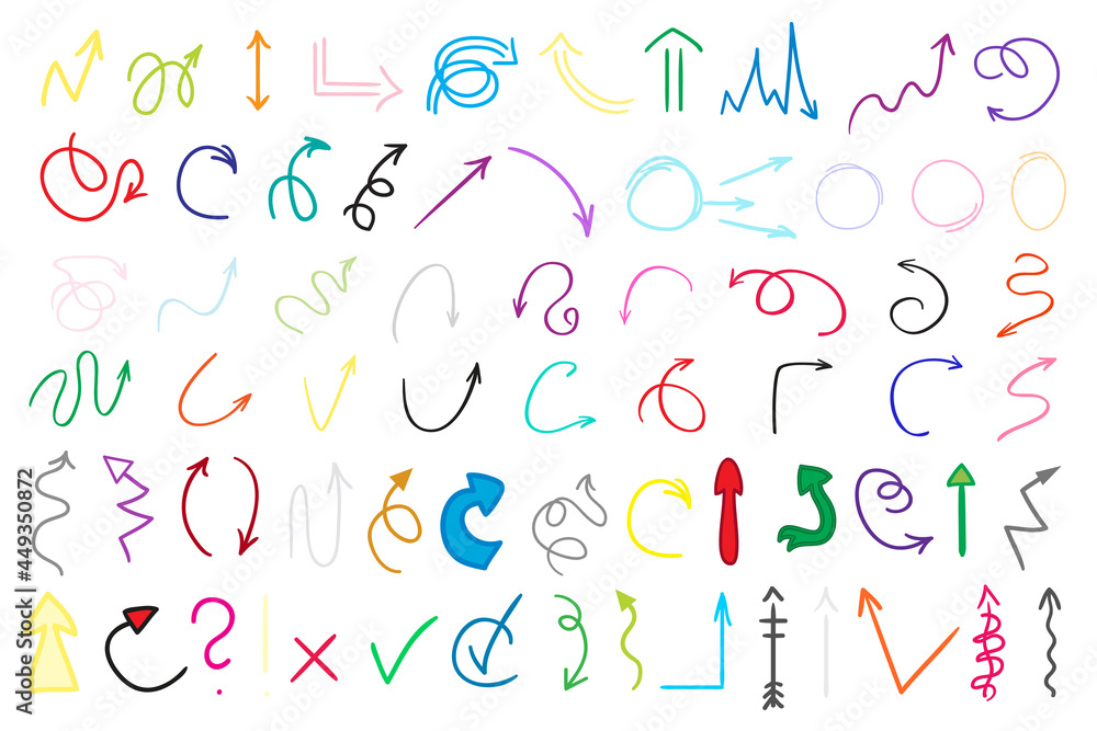 Colored hand drawn doodle arrows. Pen design elements isolated on white. Infographic elements. Colorful pointers on isolation background. Line art Colored hand drawn doodle arrows. Pen design elements isolated on white. Infographic elements. Colorful pointers on isolation background. Line art