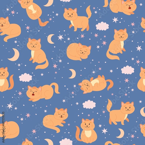 Cats pattern with moon, stars and clouds. Cute ginger cat character in cartoon style, vector illustration