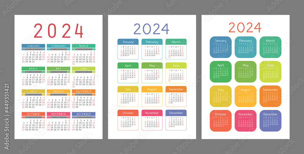 Pocket calendar 2024 year. Portrait orientation. English colorful vector set. Vertical template. Design collection. Week starts on Sunday