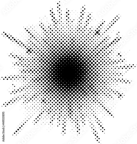 Burst Halftone light effect. glowing light burst. abstract grunge halftone dots background.