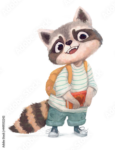 Funny small racoon kid with a book and backpack