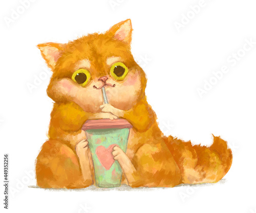 Cute cartoon kitten holding green cup with straw