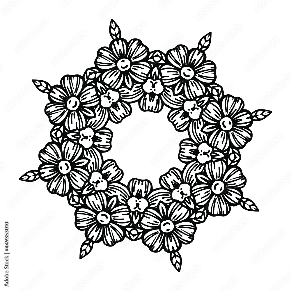 Circular pattern with floral wreath. Illustration for wedding invitations, cards, posters, packing. Flower frame for photo. Antistress coloring book for adults and children.