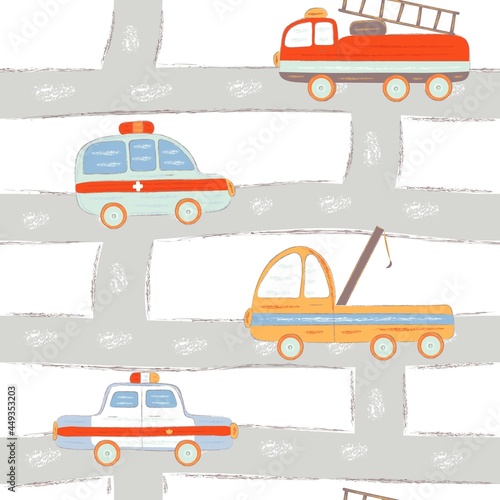 Kids seamless pattern of police car, fire truck, ambulance and crane. Vector illustration
