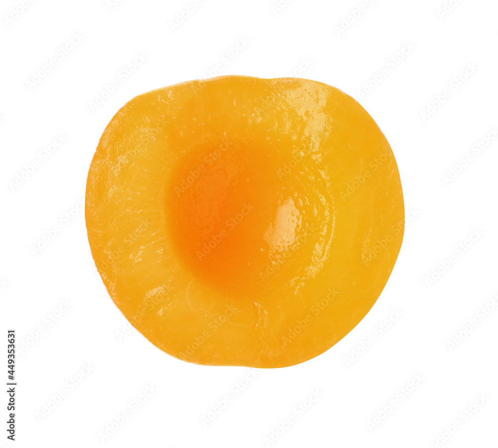 Sweet canned peach half isolated on white, top view
