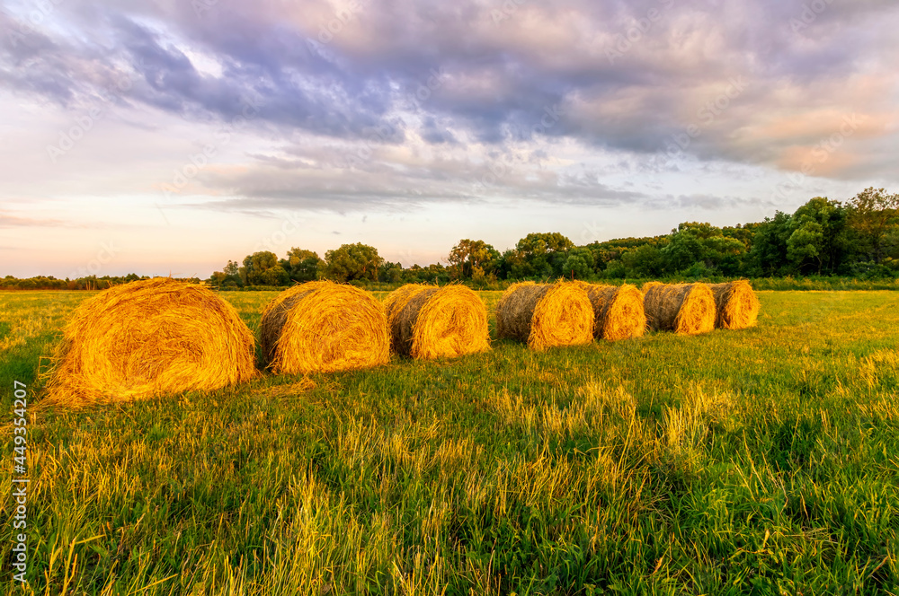 Scenic view at sunset or sunrise in green shiny field with hay stacks, bright cloudy sky, golden sun rays, summer valley landscape