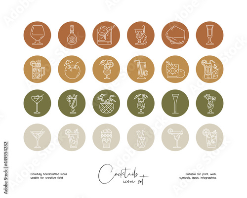 Set of hand drawn line art vector cocktail illustrations. Vector line icons set for social media story highlight.