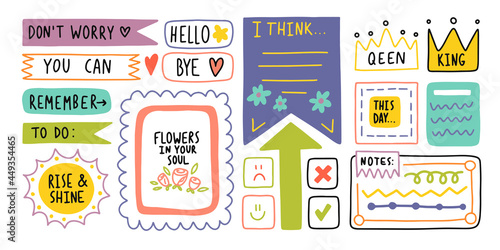 Diary bullet cute journal border elements. Note icon, sticker for school. Vector illustration