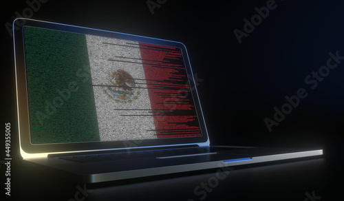 Flag of Mexico made with computer code on the laptop screen. Hacking or cybersecurity related 3d rendering