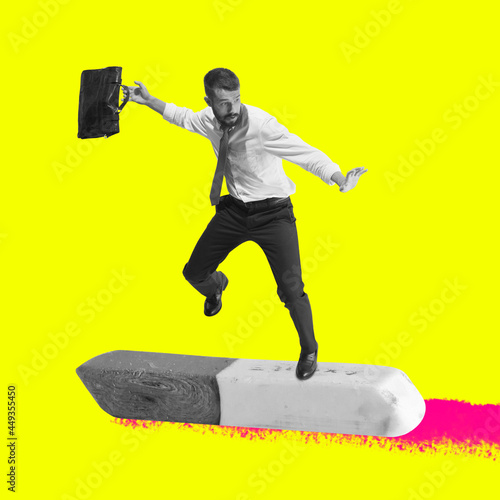 Contemporary art collage. Business concept. Composition with motivated employee rushing to work on eraser isolated on yellow neon background. photo