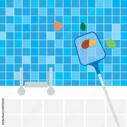skimming leaves from pool - vector illustration