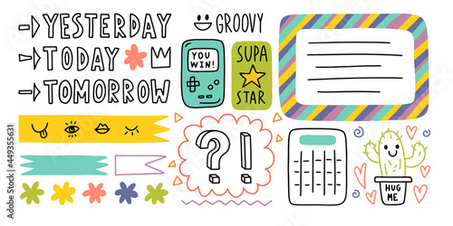 Diary bullet cute journal border elements. Note icon, sticker for school. Vector illustration