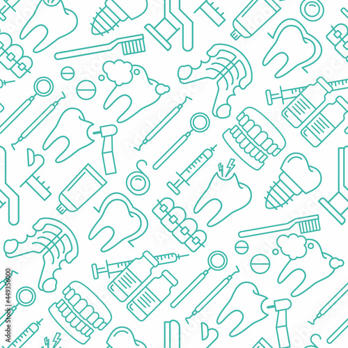 Dentist, orthodontics seamless pattern with line style icons. Health care background for dentistry clinic. Outline dental care, medical equipment, braces, tooth prosthesis, caries treatment background