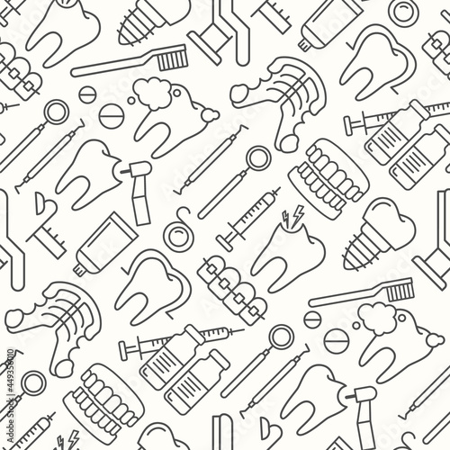 Dentist, orthodontics seamless pattern with line style icons. Health care background for dentistry clinic. Outline dental care, medical equipment, braces, tooth prosthesis, caries treatment background