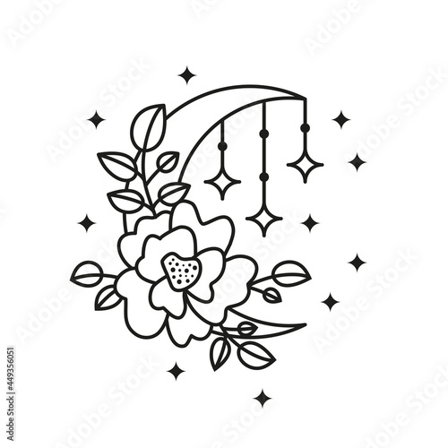 Boho floral crescent moon with flower, leafy branches, stars and jewelry.