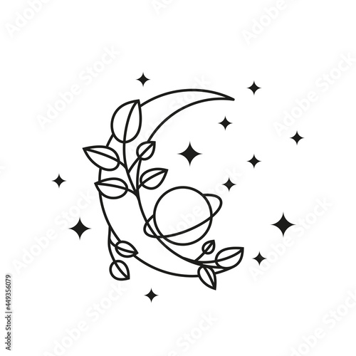 Boho floral crescent moon with planet, leafy branches and stars.