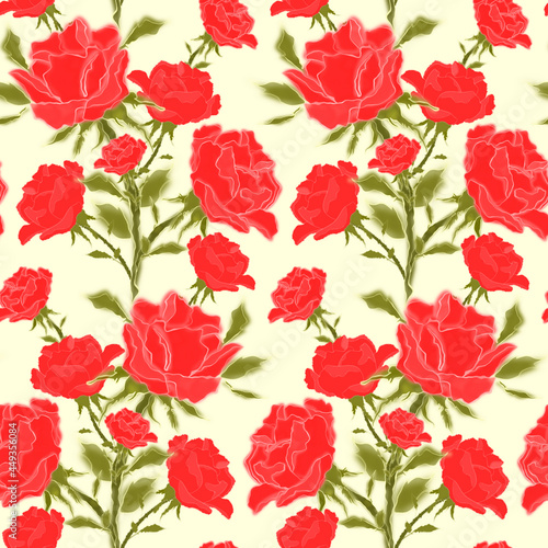 Seamless pattern with red rose flowers on a stem with leaves on a light yellow isolated background. Floral background with roses  imitation of a drawing in gouache.