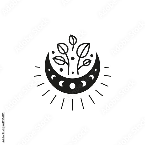 Boho floral crescent moon with leafy branches and starburst.