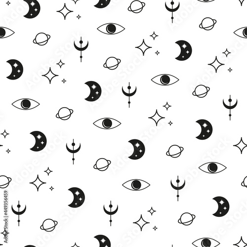 Boho seamless pattern with crescent moon, third eye, planet and stars.