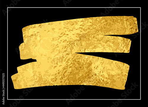 Gold brushstroke. Vector template for design. Stain of metallic paint on a black background. White frame. Sticker, flyer. Metal texture. Gold paint. Luxury backdrop. Empty blank for text.