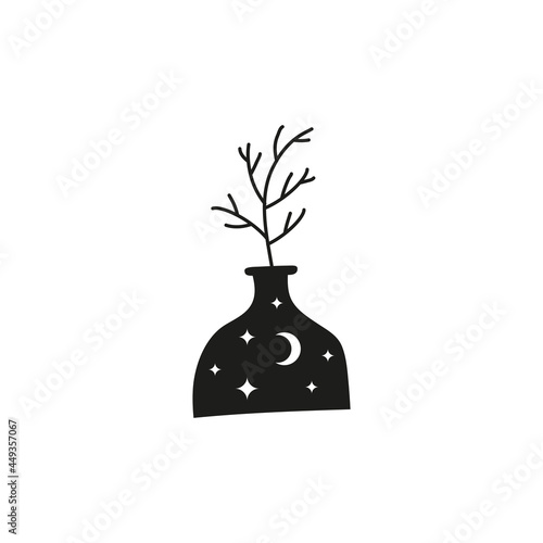 Celestial tree branch in vase with moon, stars.