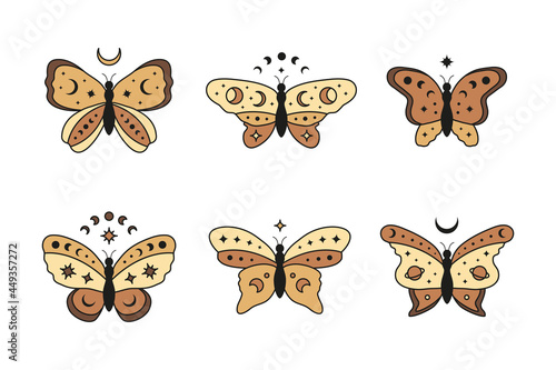 Set of hand drawn celestial butterfly with stars, crescent and moon phases.