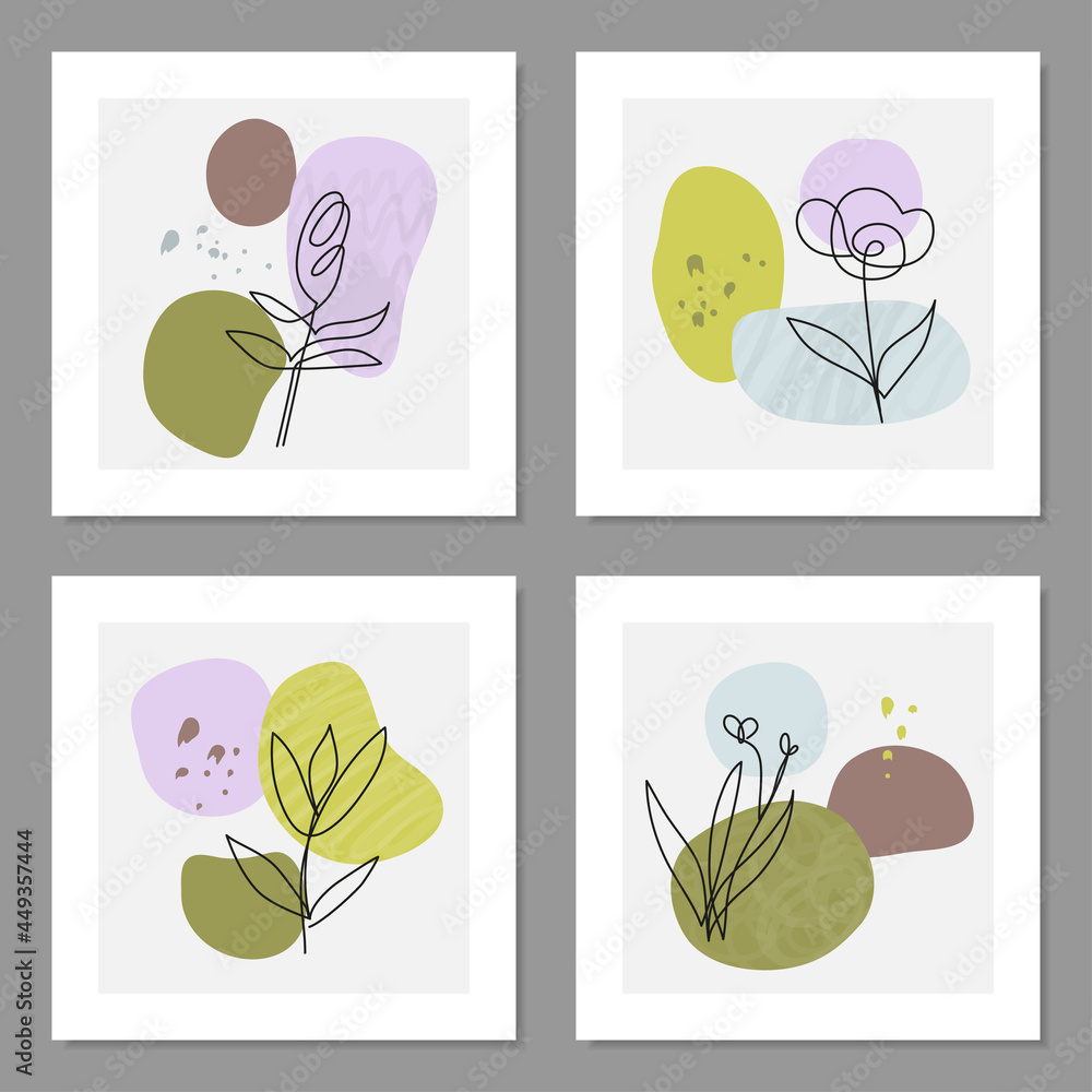 Set of abstract contemporary cards with spots, dots, one line flowers.
