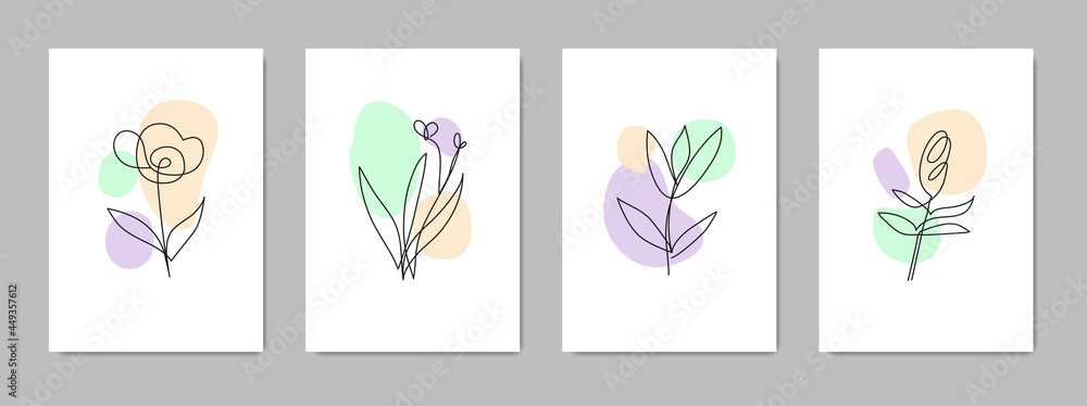 Set of abstract contemporary cards with spots, dots, one line flowers.