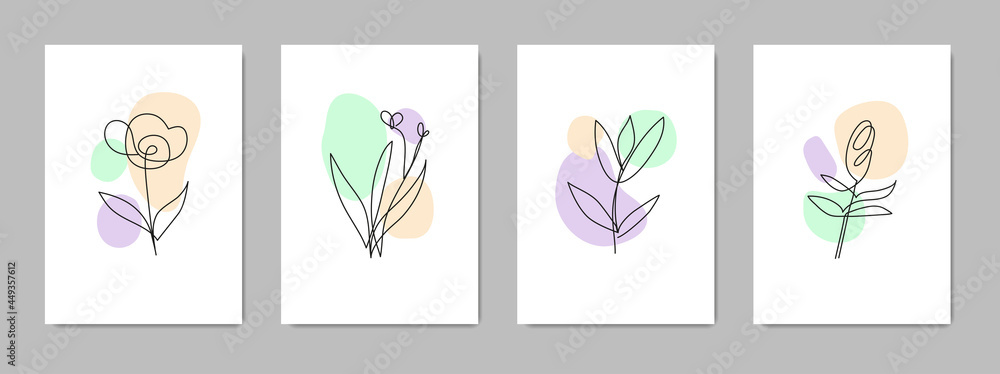 Set of abstract contemporary cards with spots, dots, one line flowers. Set of abstract contemporary cards with spots, dots, one line flowers.