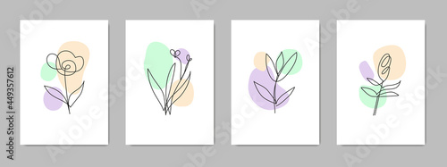 Set of abstract contemporary cards with spots, dots, one line flowers. © Minur