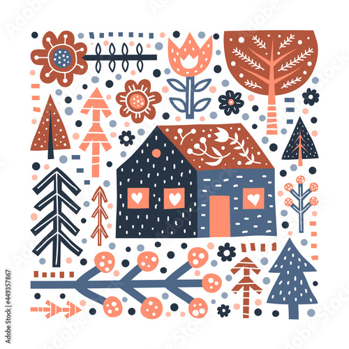 Doodle Scandinavian poster with house and forest elements.