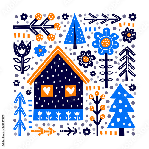 Doodle Scandinavian poster with house and forest elements.