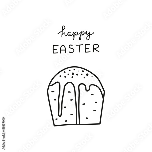 Doodle outline Easter kulich cake and lettering.