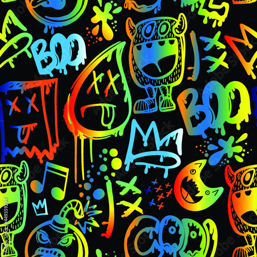 Neon hand drawn pattern with monsters for boys. Slogans, graffiti background. For children's textiles, wrapping paper, prints
